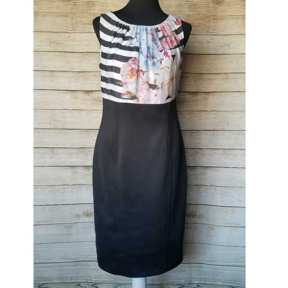 Basler Dresses & Skirts - Basler Floral Black White Stripe Sheath Dress Sz 8